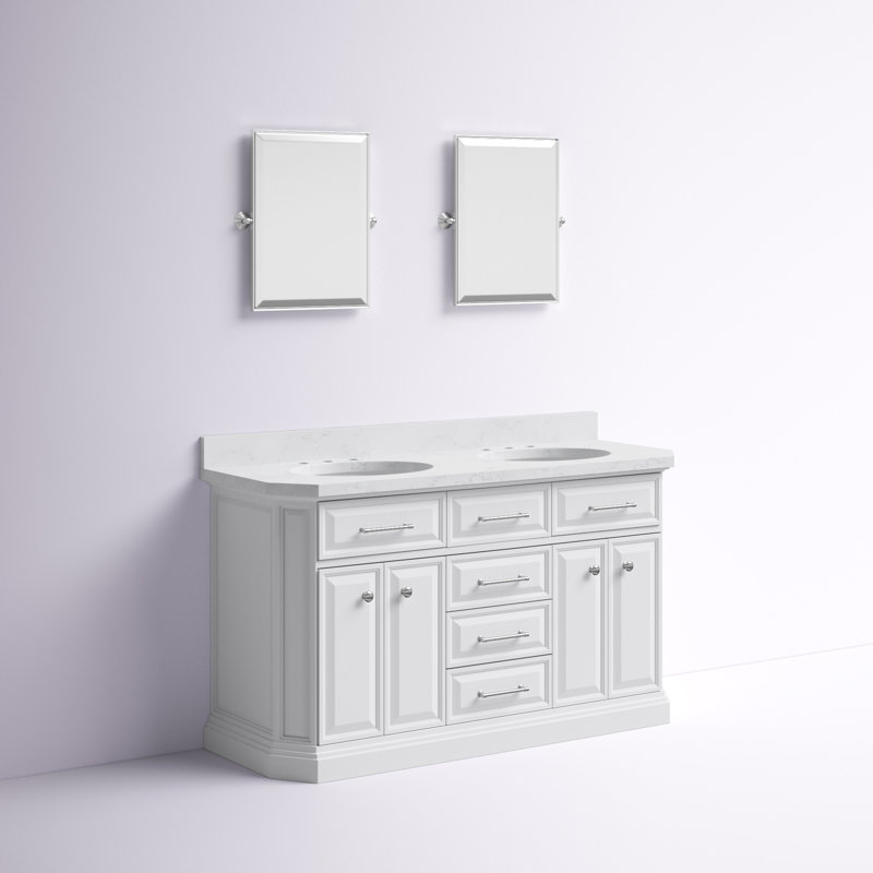 Meuble-lavabo de comptoir en marbre Bruning Carrara, L 60 po, Blanc pur, Chrome chrome
