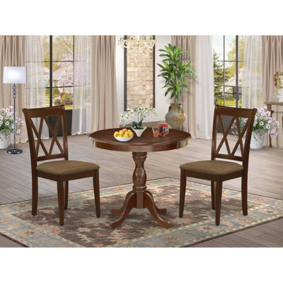 3 Piece Dining Room Table Set Includes 1 Pedestal Dining Table and 2 Mahogany Linen Fabric Dining Room Chairs with Double X-Back - Mahogany Finish