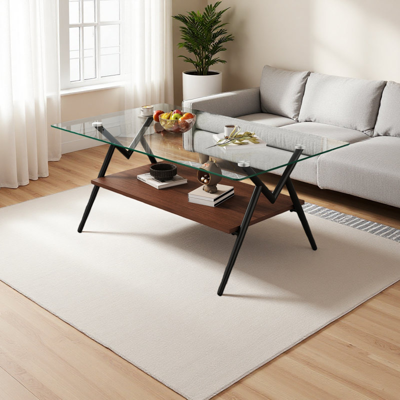 Table basse rectangulaire avec plateau en verre trempé et tablette en bois aggloméré, table moderne pour le salon, Clair