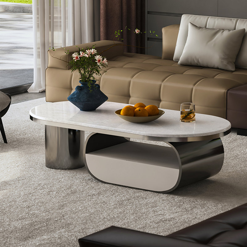 Table basse moderne en marbre ovale, H 13,8 po x L 51,2 po x l 27,6 po, Blanc