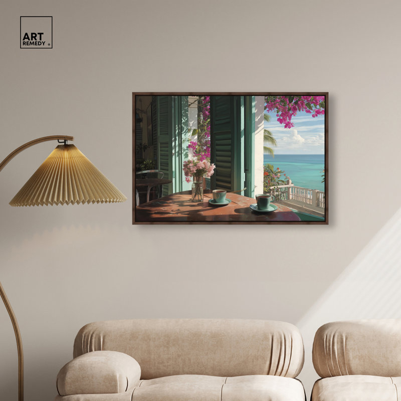 «Morning Coffee Ocean View», reproduction d'art sur toile encadrée par Art Remedy, cadre en noyer, 36 x 24, 25"H x 37"W