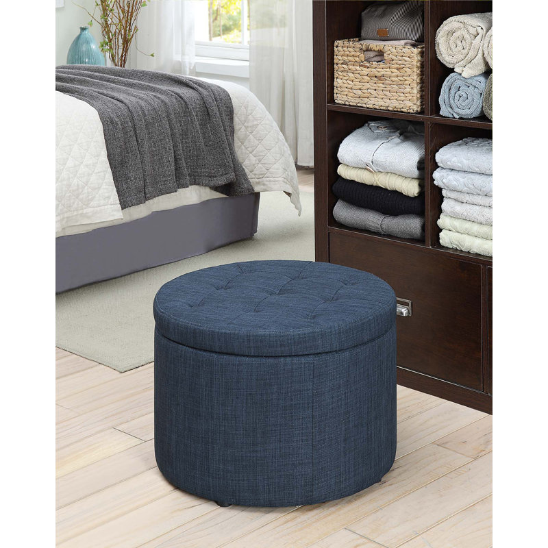Repose-pieds de rangement rond capitonné de 22 po Stansell, Tissu bleu foncé