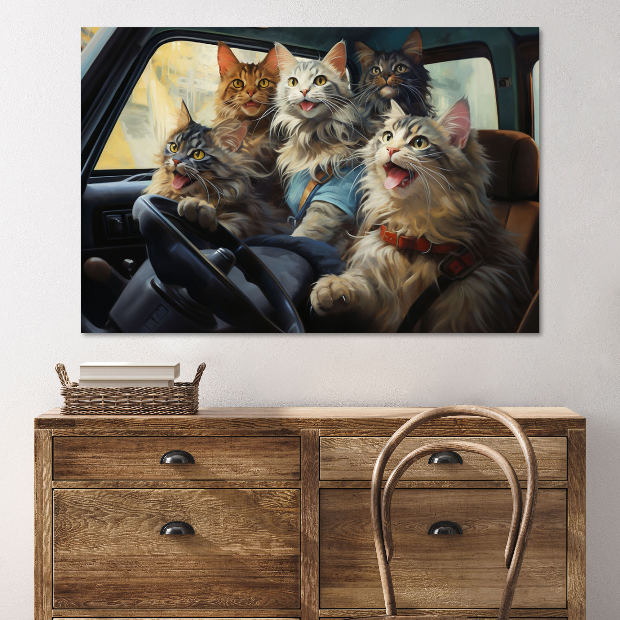 Latitude Run® Cats On Car Gallery Wrapped Canvas - Pet Illustration ...