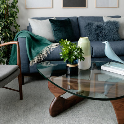 Triangle Glass Coffee Table with Wooden Base Clear Glass Top Mid-Century Abstract Glass Table