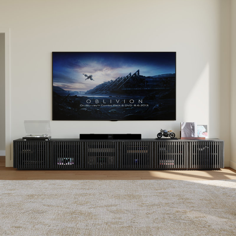 Meuble télé Hiramani Mid-Century moderne, entièrement assemblé, H 16,54 po x l 118,11 po x P 15,75 po, Noir