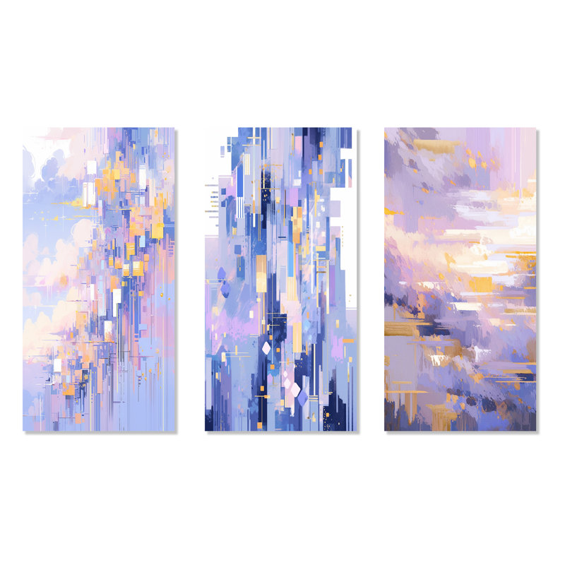 «Contemporary Lavender Bold Illumination», ensemble de 3 impressions géométriques abstraites en métal, H 28 po x l 36 po