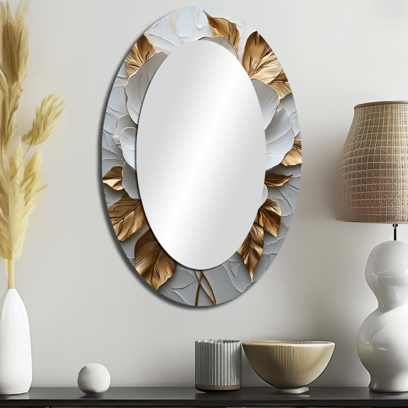 Peony Blooming In Gold And White V - Floral Oval Decorative Mirror On Metal, 36" x 24"