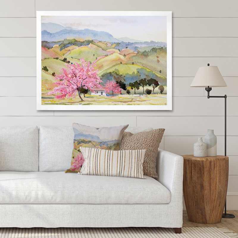 «Pink Mountain Tree in Autumn Landscape», peinture sur toile, Cadre photo blanc, L 44 po x H 34 po