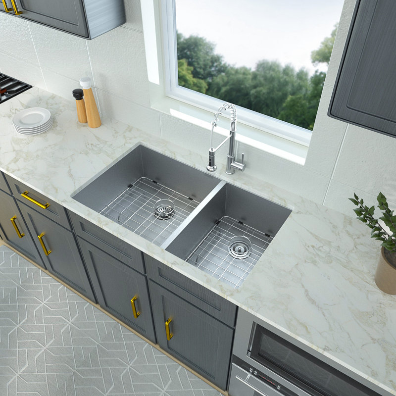 33" L x 19" W Undermount Double Bowl 60/40 Kitchen Sink 16 Gauge Stainless Steel Double Bowl Sink