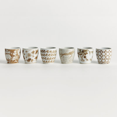 Champagne Chine Ceramic Taupe and White Chinoiserie Link Pattern Mini Flower Pots, Set of 6