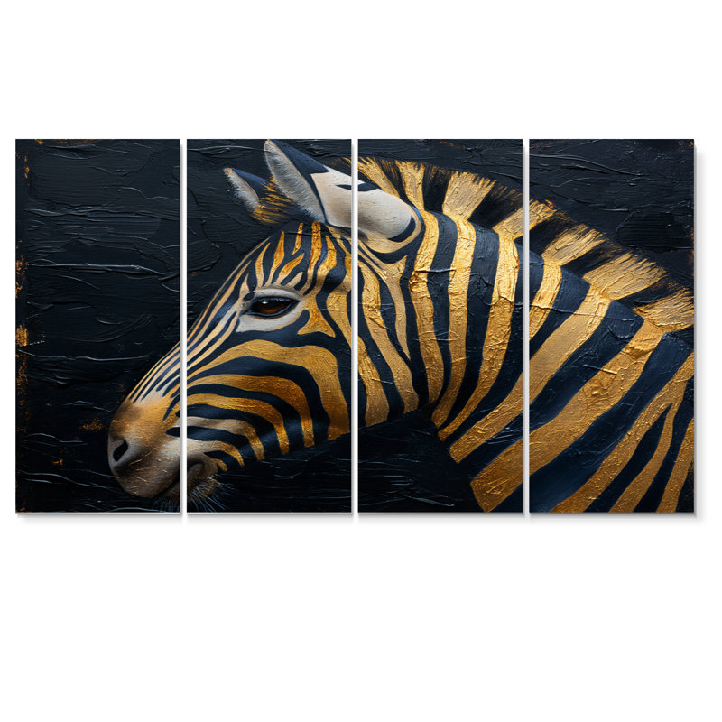 Portrait de zèbre noir et doré sur fond noir - ensemble d'art sur toile animal zèbre, H 32 po x l 64 po