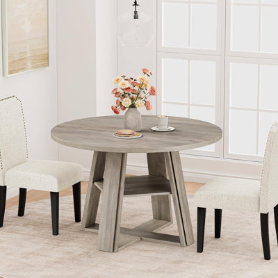 Ensemble de table de salle à manger 3 pièces 43,3 po avec chaises rembourrées, table de cuisine circulaire avec piédestal en bois et tablette de rangement, chaise de salle à manger à haut dossier avec pieds en bois pour les petits espaces