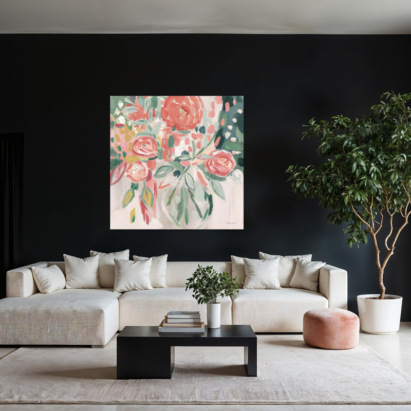 Art contemporain contemporain floral rose avec bouquets bleus, H 48 po x l 48 po