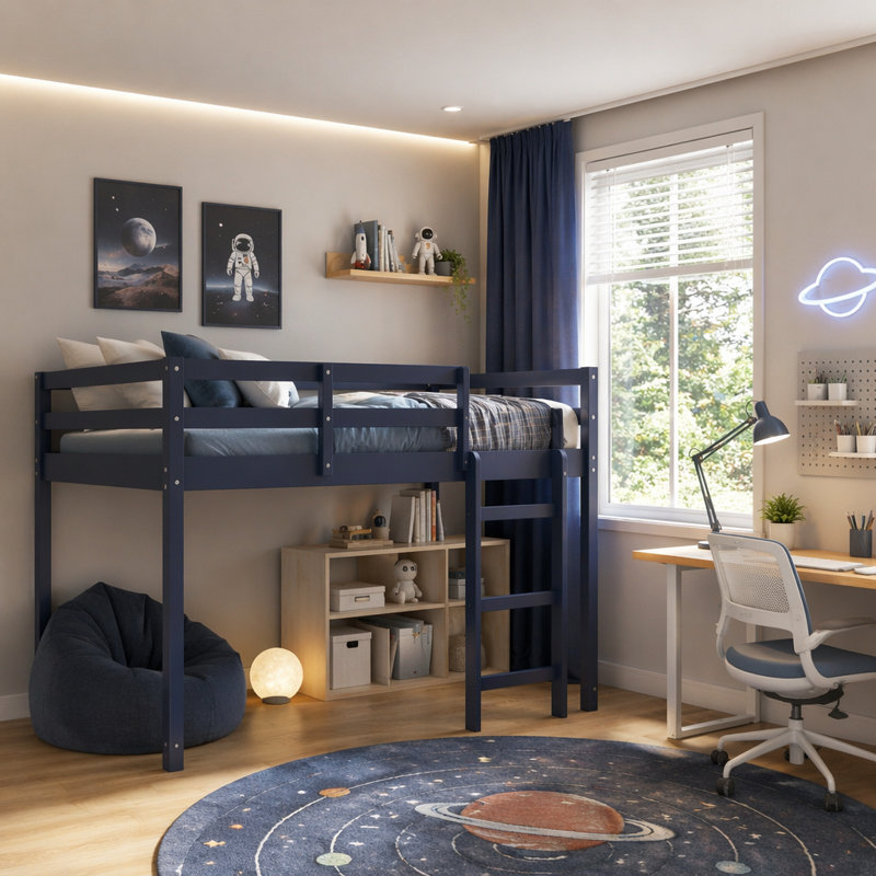 Lit mezzanine simple en bois massif et en bois d'hévéa avec échelle, plateforme de lattes renforcées, bleu (ancien numéro de référence W504P190958)