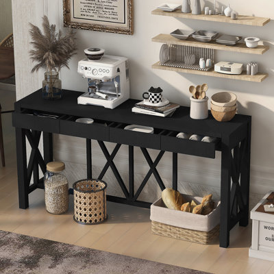 Élégante console avec placage en acacia, quatre tiroirs, rangement inférieur ouvert pour le vestibule, le salon et plus encore