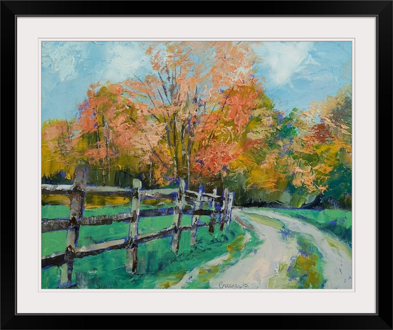 «Muldridge Old Country Road» par Michael Creese - impression, H 32 po x l 38 po x P 1 po, Cadre noir