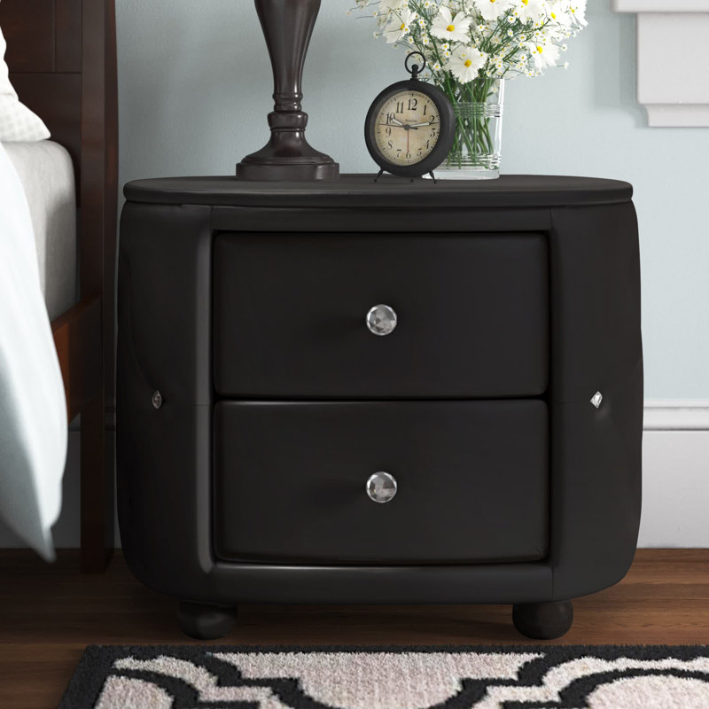 Davina 2-Drawer Nightstand in Black Faux Leather Upholstery, 20'' H X 25'' W X 18'' D, Black