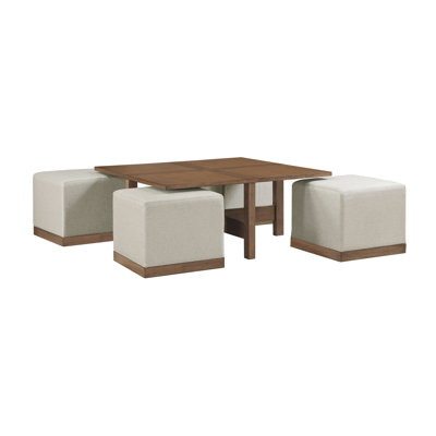 Contemporary Square Cocktail Table Set With 4X Upholstered Stools Brown Finish Wooden Furniture Coffee Table 1Pc(Only Including Coffee Table)