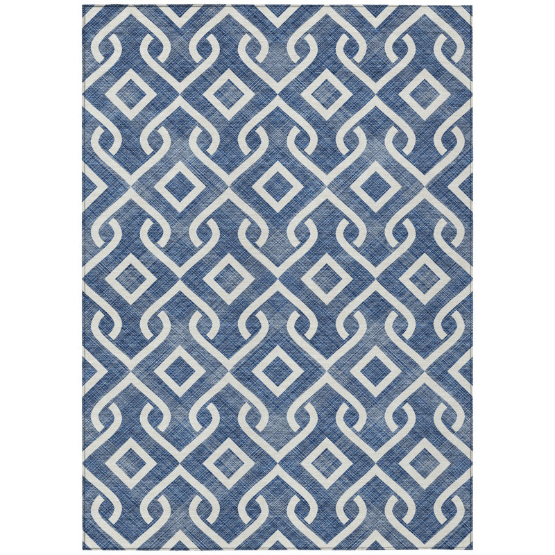 3' X 5' Navy Blue And Ivory Geometric Washable Indoor Outdoor Area Rug