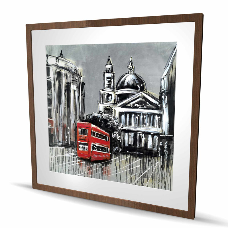 London Street with Red Bus - Black, chambre à coucher, reproduction encadrée, H 36 po x l 36 po, Brun