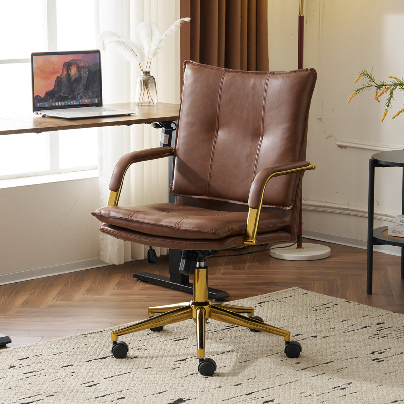 23.2''W Adjustable High Luxury Faux Leather Brown Office Chair with Padded Arms and Swivel Upholstered Seat, Brown