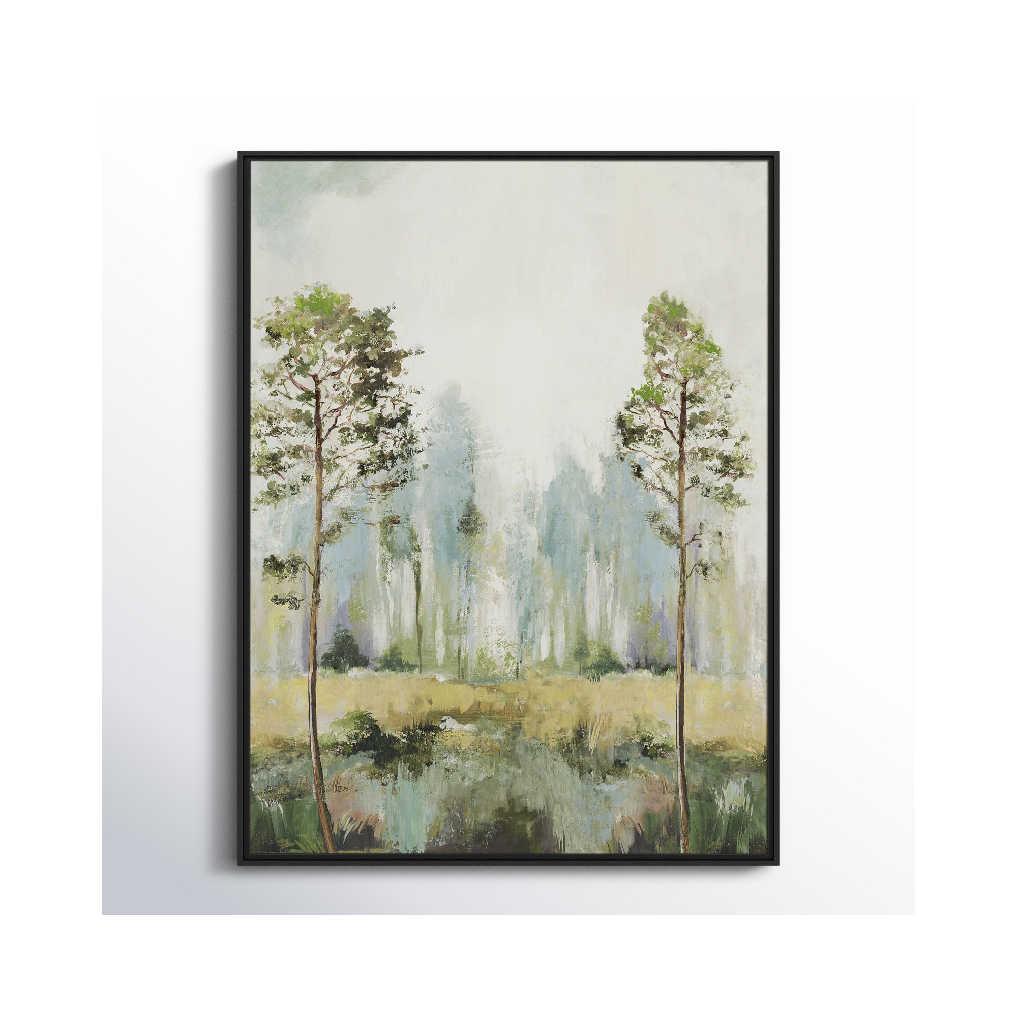 Tall Green Trees II by Teton Pearce - Floater Frame Print on Canvas, 41.5" H x 31.5" W, Black
