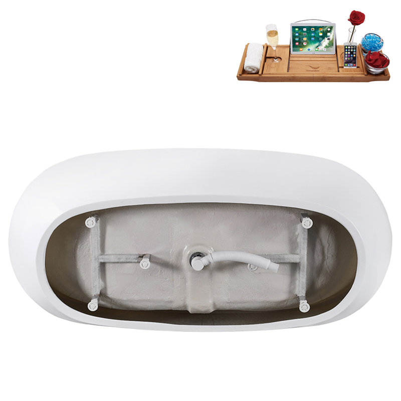67" Streamline Soaking Glossy White Freestanding Tub and Tray With Internal Drain, Brushed Brass