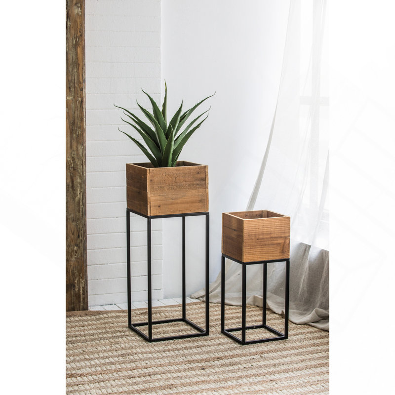 Ensemble de 2 boîtes en bois récupéré avec support en fer noir, L: 11 x 11 x 29,5 po: 8,5 x 8,5 x 21,5