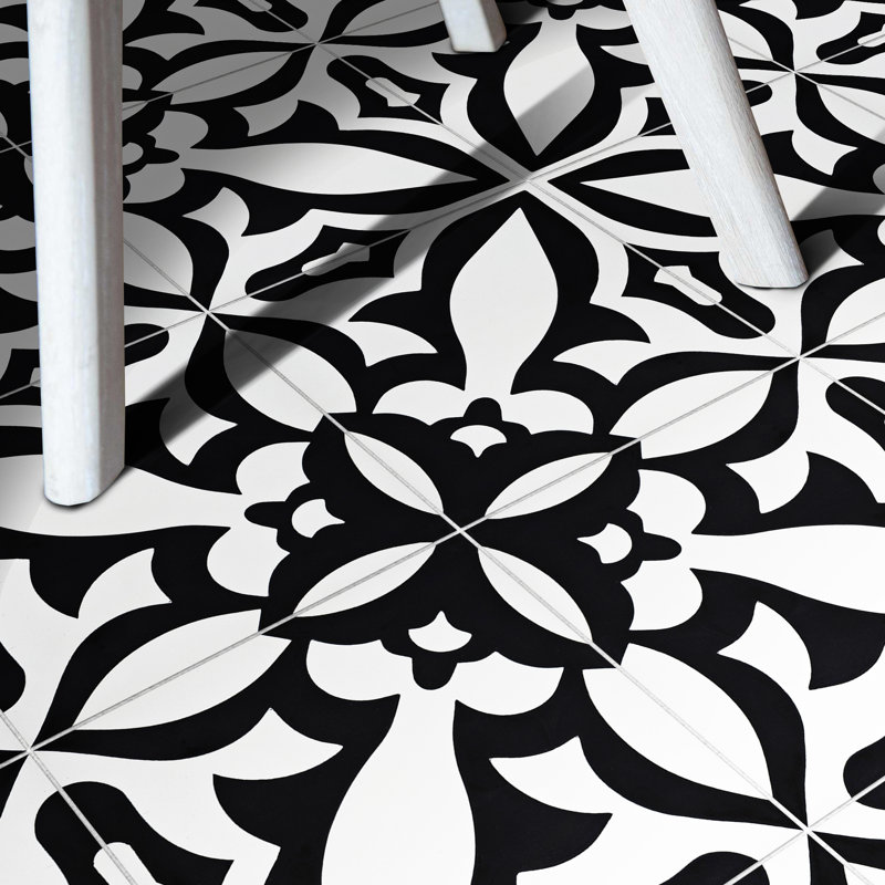 Meknes 8" x 8" Cement Patterned Wall & Floor Tile, Black/White