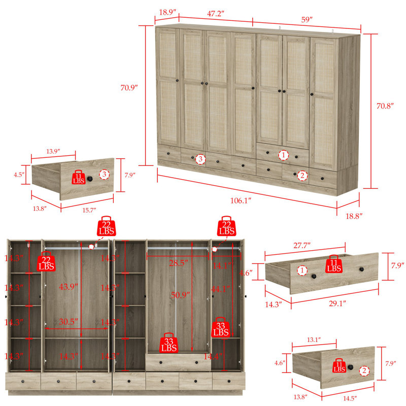 2-Piece Wardrobe Set with Rattan Doors, Hanging Rods, Shelves and Drawers, Large Bedroom Closet Storage System
