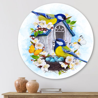 Deux oiseaux à mésanges assis près du nid avec œufs I - art mural traditionnel en métal