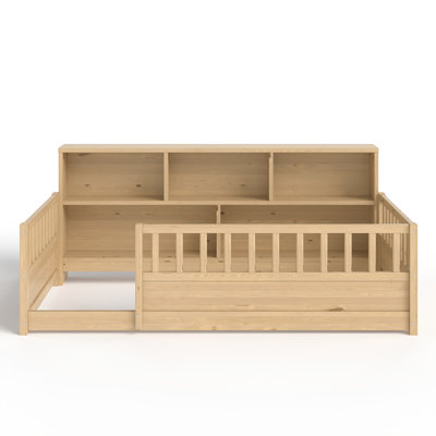 Lit simple à profil bas pour enfant Montessori avec barrière de sécurité de style clôture, lit pour enfant robuste avec rangement latéral pratique, lits décoratifs et fonctionnels pour les filles