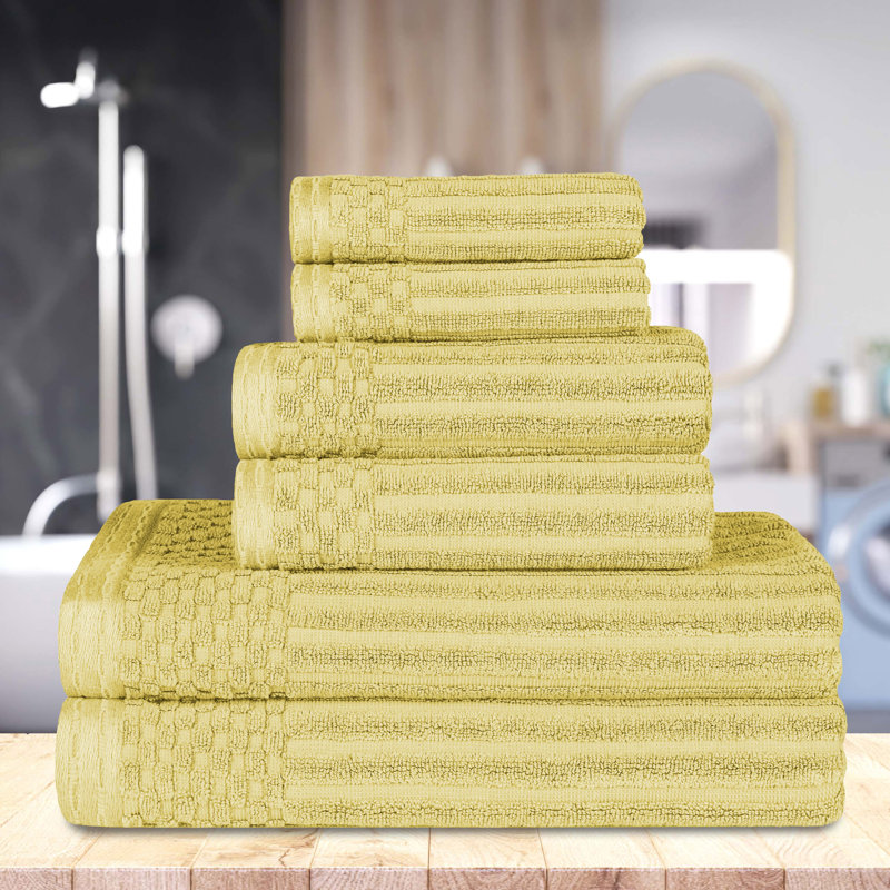 Ruvins Cotton Highly Absorbent 6-Piece Solid and Checkered Border Towel Set, Yellow Gold