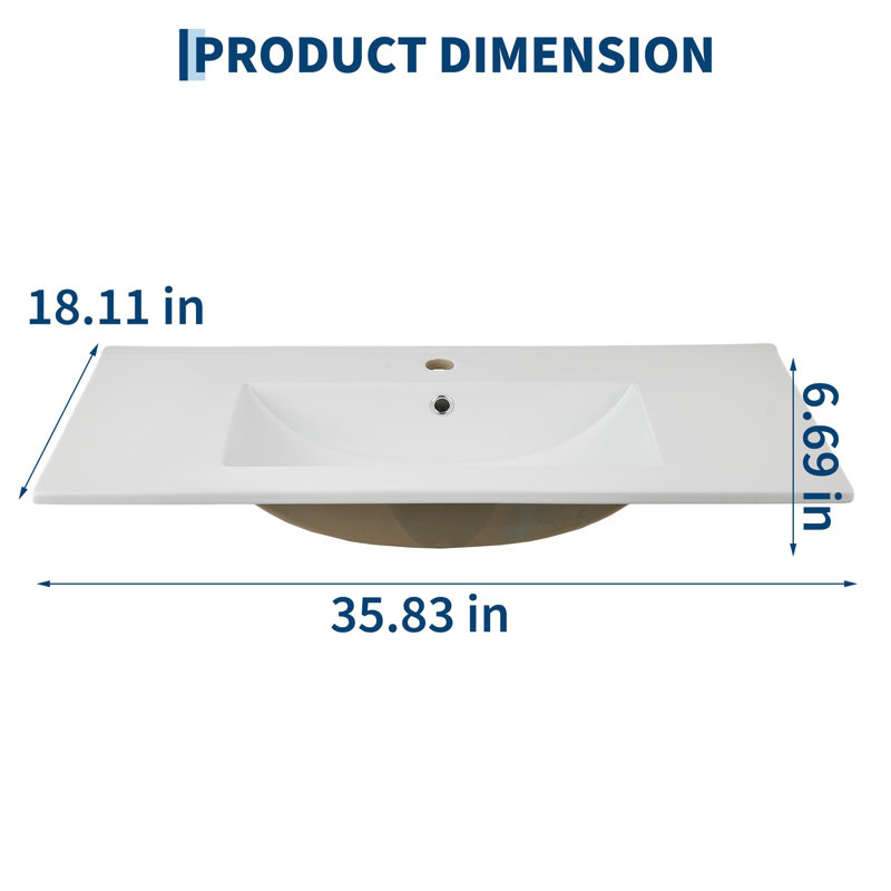 36 in White Ceramic Drop-In Bathroom basin, Rectangular Porcelain Vanity Basin - Overflow - Easy-Clean Vitreous China - Single Faucet Hole (Single hole)