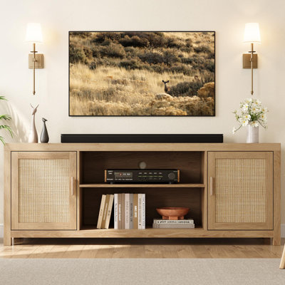 Meuble télé en rotin pour 75 po, meuble télé en chêne naturel avec rangement à 2 niveaux, meuble télé en bois Boho