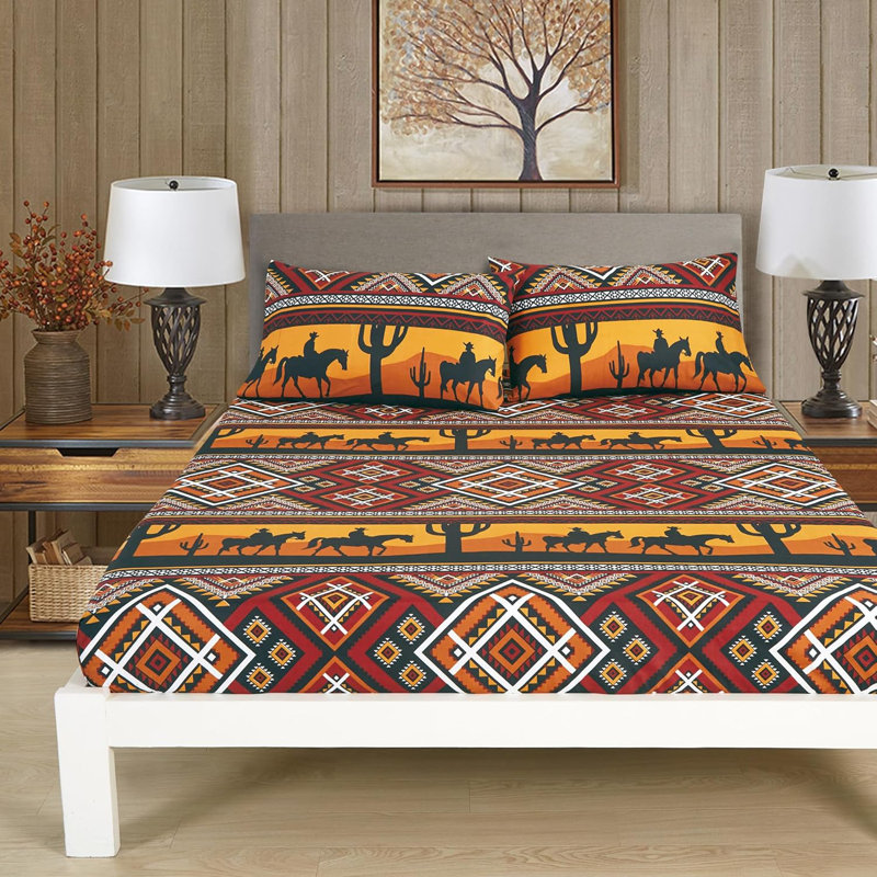 Cabin Lodge Geometric Printed Microfiber Bed Sheet Set, Queen Sheet Set with 2 Pillowcases, Black/White/Red/Orange Geometric