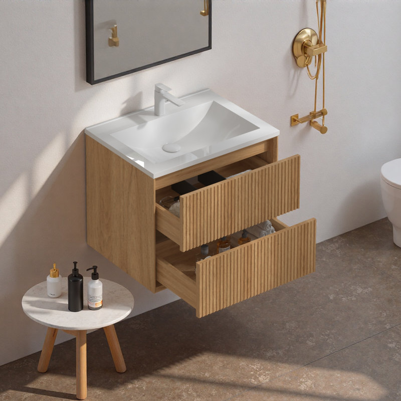 Ensemble de meuble-lavabo flottant 24 po avec lavabo intégré en résine - Armoire murale avec 2 tiroirs à ouverture par pression