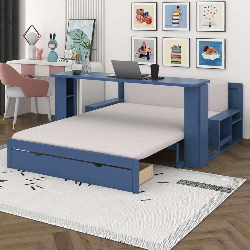 Lit de jour double avec bureau amovible, structure de lit de jour en bois avec tiroirs de rangement et table d'appoint hydraulique pour le salon, la chambre à coucher
