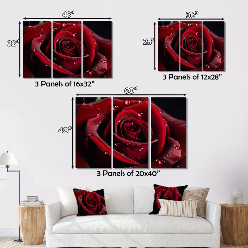 Rose rouge avec gouttes de pluie III - 3 pièces sur toile tendue, H 32 po x l 48 po x P 1 po