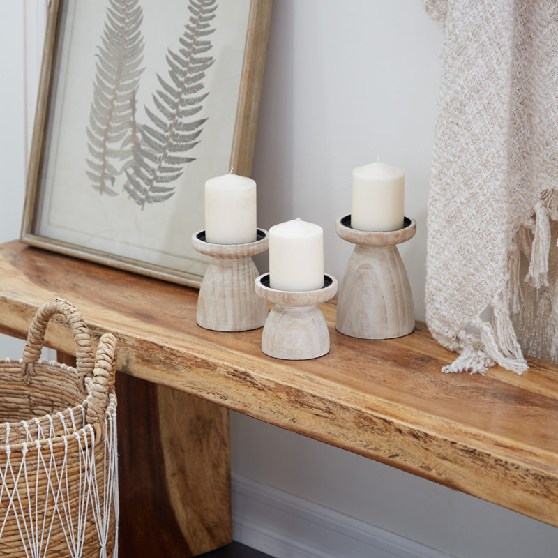 3 Piece Wood Tabletop Candlestick Set, Natural