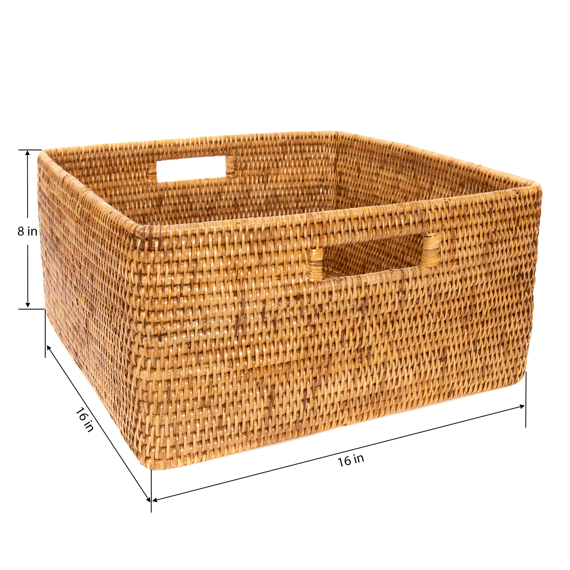 Rattan Square Basket with Handles, Honey Brown