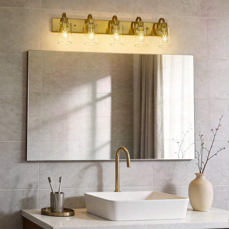 Éclairage de salle de bain 5 lumières à intensité variable moderne, abat-jour en verre transparent, or brossé, 5 lumières