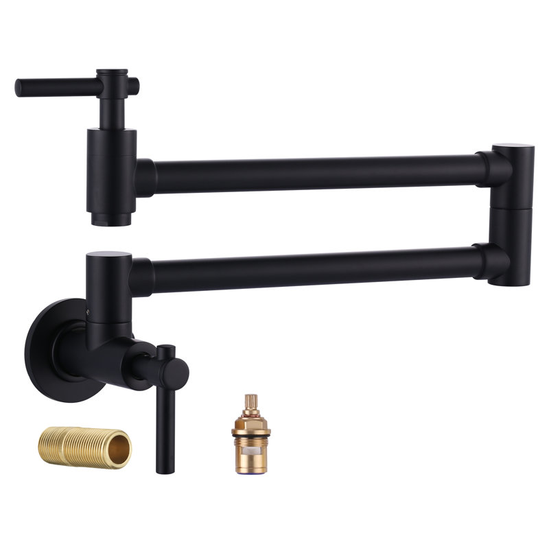 Brass Wall Mounted Two-Handle Pot Filler Kitchen Faucet with Double Joint Swing Arm, Black