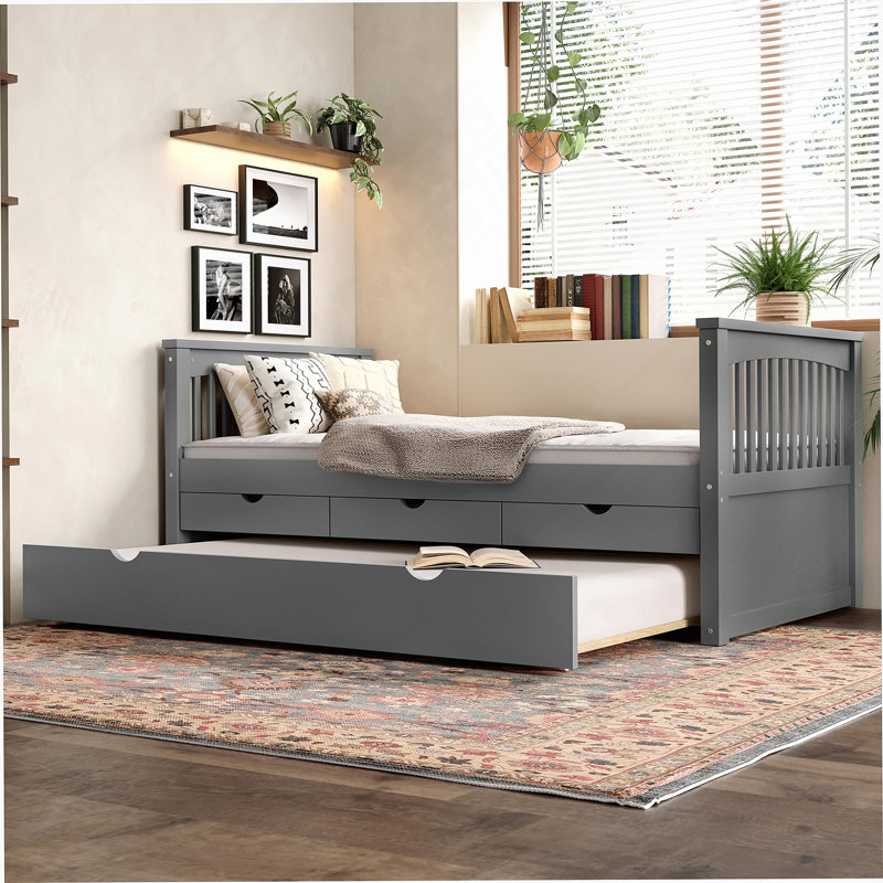 Lit plateforme en bois massif Kinnelon avec tiroirs et lit gigogne, Gris