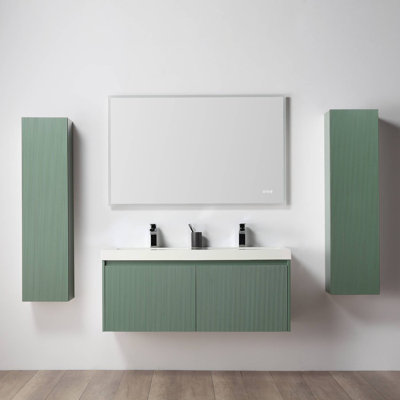 Meuble-lavabo double mural 48 po avec lavabos en acrylique et 2 armoires latérales Nekishia - devant cannelé, tiroirs à fermeture en douceur