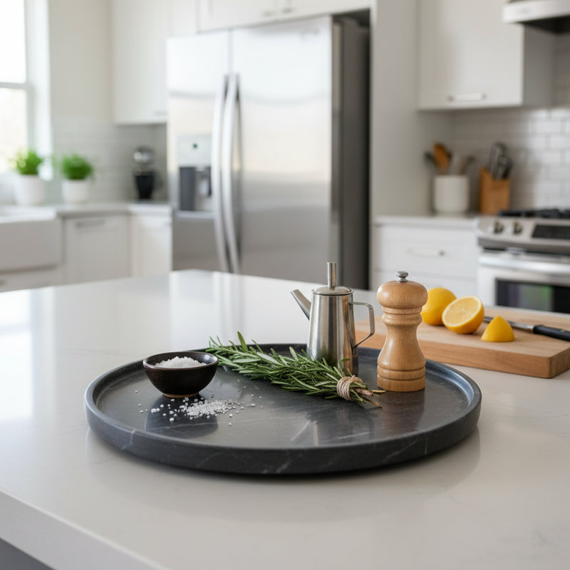 16” Round Jet Black Marble Serving Tray – Elegant Luxury Home & Kitchen Decor, 16"W x 0.5"D x 1"H