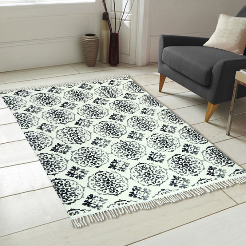 Tapis de zone grise 5 x 7 po "rétro" imprimé à la main noué la Bernhardt