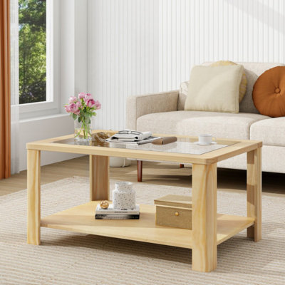 Table basse rectangulaire à 2 niveaux avec plateau en verre trempé et tablette de rangement