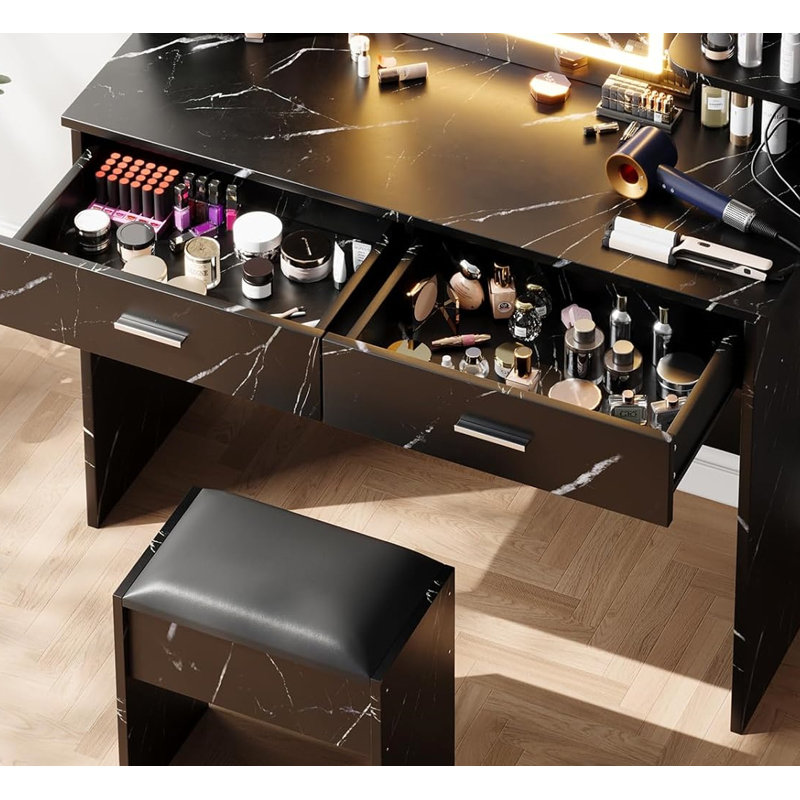 Bureau de coiffeuse avec miroir d'éclairage et prise de courant, ensemble de coiffeuse avec tabouret, table de coiffeuse avec 6 tablettes de rangement, 2 grands tiroirs, luminosité réglable en 3 couleurs