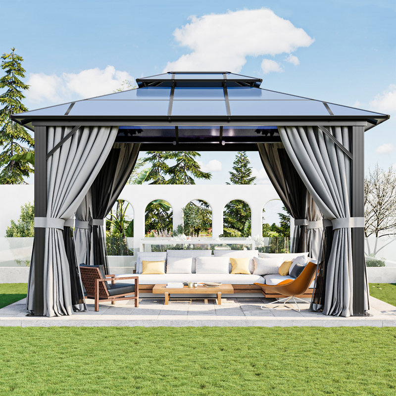 12 Ft. W x 10 Ft. D Outdoor Gazebo with Double Roof Canopy, Permanent Pavilion with Netting and Curtains for Lawn, Garden, Patio
